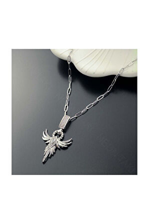 Zirkon Taşlı, Anka Kuşu, Paslanmaz Çelik Kolye 320, Gümüş Renk