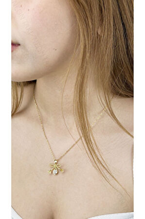 Zirkon Taşlı, Kurdela Ve Kalp Figürlü, Paslanmaz Çelik Kolye 325, Altın Renk