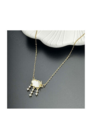 Zirkon Taşlı Ve Sedefi, Bulut Figürlü, Paslanmaz Çelik Kolye 329, Altın Renk