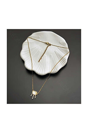 Zirkon Taşlı Ve Sedefi, Bulut Figürlü, Paslanmaz Çelik Kolye 329, Altın Renk