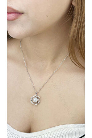 Zirkon Taşlı Ve Incili, Paslanmaz Çelik Kolye 332, Gümüş Renk