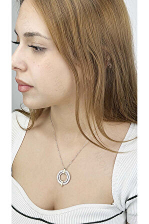 Zirkon Taşlı, Halka Model, Paslanmaz Çelik Kolye 337, Gümüş Renk