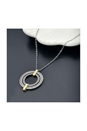 Zirkon Taşlı, Halka Model, Paslanmaz Çelik Kolye 337, Gümüş Renk