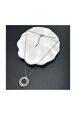 Zirkon Taşlı, Halka Model, Paslanmaz Çelik Kolye 337, Gümüş Renk