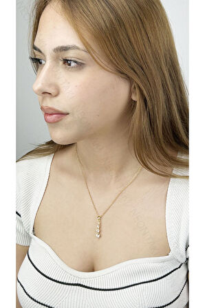 Zirkon Taşlı, Dört Sıra Taşlı, Paslanmaz Çelik Kolye 341, Altın Renk