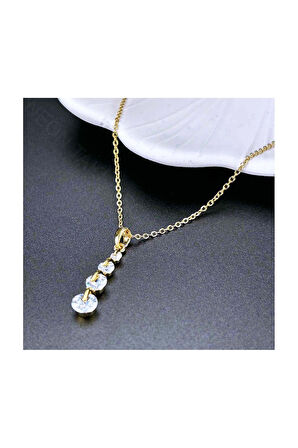 Zirkon Taşlı, Dört Sıra Taşlı, Paslanmaz Çelik Kolye 341, Altın Renk