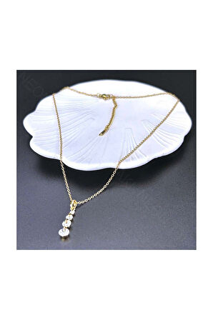 Zirkon Taşlı, Dört Sıra Taşlı, Paslanmaz Çelik Kolye 341, Altın Renk