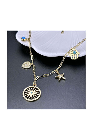 Yıldız, Göz, Kalp, Güneş, Fatma Ana Eli, Paslanmaz Çelik Kolye 345,altın Renk