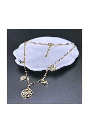 Yıldız, Göz, Kalp, Güneş, Fatma Ana Eli, Paslanmaz Çelik Kolye 345,altın Renk