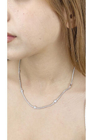 Kolye, Zirkon Taşlı, Kararmayan Paslanmaz Çelik, Su Yolu, Yıldız Detaylı, Gümüş Renk, Model347