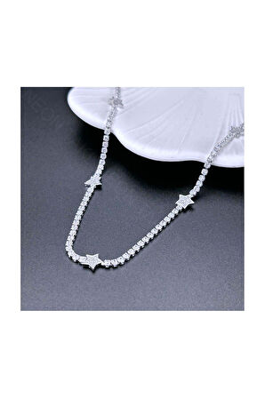 Kolye, Zirkon Taşlı, Kararmayan Paslanmaz Çelik, Su Yolu, Yıldız Detaylı, Gümüş Renk, Model347