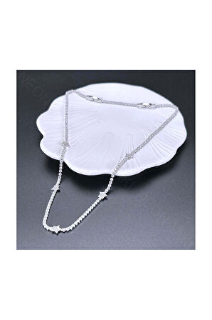 Kolye, Zirkon Taşlı, Kararmayan Paslanmaz Çelik, Su Yolu, Yıldız Detaylı, Gümüş Renk, Model347