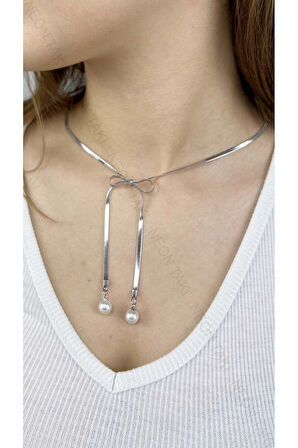 İncili ve Kurdela Figürlü, Kolye 356, Paslanmaz Çelik Kolye