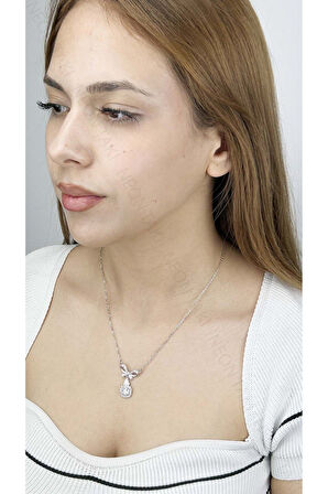 Zirkon Taşlı, Kurdela Figürlü, Tek Taşlı, Kolye 358, Paslanmaz Çelik Kolye