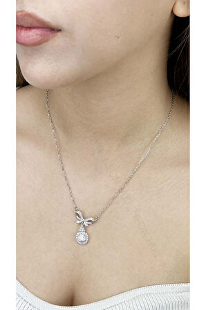 Zirkon Taşlı, Kurdela Figürlü, Tek Taşlı, Kolye 358, Paslanmaz Çelik Kolye