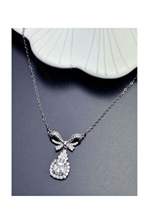 Zirkon Taşlı, Kurdela Figürlü, Tek Taşlı, Kolye 358, Paslanmaz Çelik Kolye