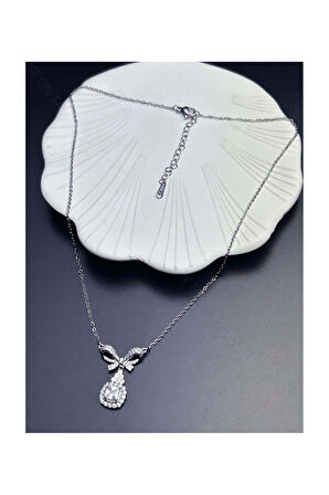 Zirkon Taşlı, Kurdela Figürlü, Tek Taşlı, Kolye 358, Paslanmaz Çelik Kolye