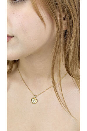 Zirkon Taşlı, Kalp Figürlü, Paslanmaz Çelik Kolye 359, Altın Renk