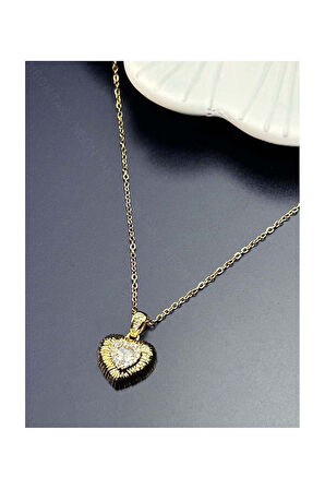 Zirkon Taşlı, Kalp Figürlü, Paslanmaz Çelik Kolye 359, Altın Renk