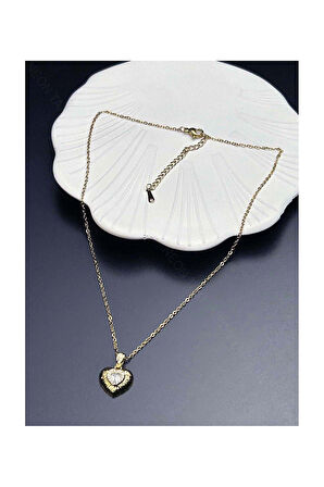 Zirkon Taşlı, Kalp Figürlü, Paslanmaz Çelik Kolye 359, Altın Renk
