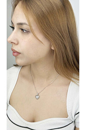 Zirkon Taşlı, Kalp Figürlü, Paslanmaz Çelik Kolye 360, Gümüş Renk