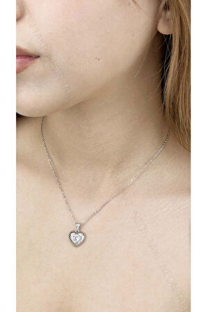 Zirkon Taşlı, Kalp Figürlü, Paslanmaz Çelik Kolye 360, Gümüş Renk