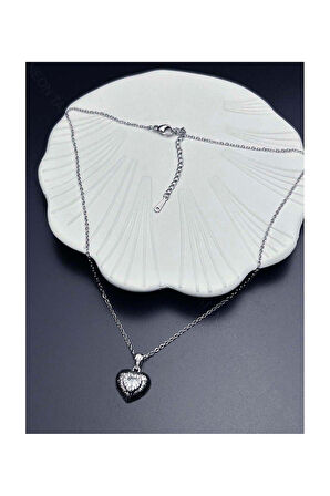 Zirkon Taşlı, Kalp Figürlü, Paslanmaz Çelik Kolye 360, Gümüş Renk