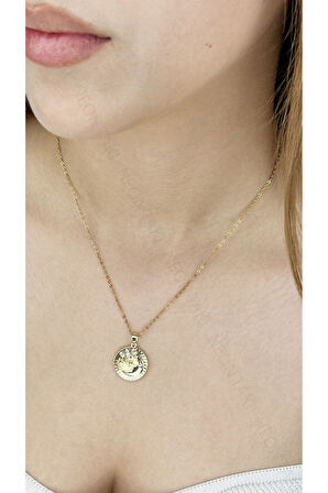 Zirkon Taşlı, Güneş, Ay ve Yıldız, Paslanmaz Çelik Kolye 361, Altın Renk