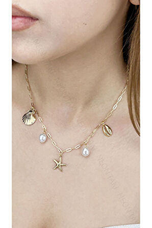 Deniz Yıldızı, İnci, Midye, Paslanmaz Çelik Charm Şans Kolye 362, Altın Renk