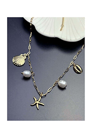 Deniz Yıldızı, İnci, Midye, Paslanmaz Çelik Charm Şans Kolye 362, Altın Renk