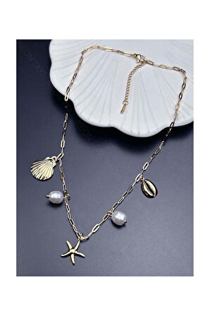 Deniz Yıldızı, İnci, Midye, Paslanmaz Çelik Charm Şans Kolye 362, Altın Renk