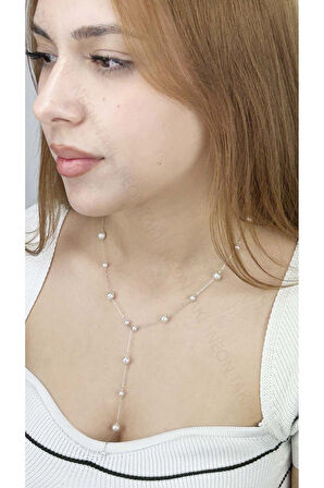 Sallantılı, İncili Paslanmaz Çelik Kolye 364, Gümüş Renk