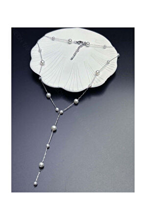 Sallantılı, İncili Paslanmaz Çelik Kolye 364, Gümüş Renk