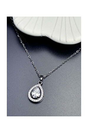 Zirkon Taşlı, Büyük Damla Figürlü Paslanmaz Çelik Kolye 365