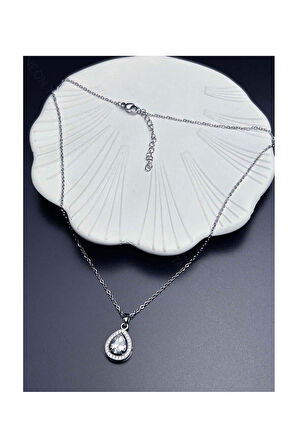 Zirkon Taşlı, Büyük Damla Figürlü Paslanmaz Çelik Kolye 365