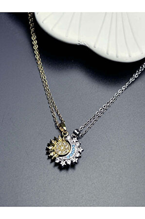 Zirkon Taşlı, Güneş Ve Ay Figürlü Mıknatıslı Arkadaşlık Kolyesi 371