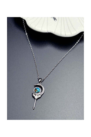 Zirkon Taşlı, Ay, Galaksi, Asa Model Paslanmaz Çelik Kolye 378, Gümüş Renk
