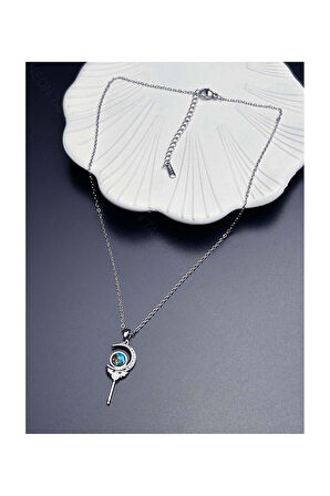 Zirkon Taşlı, Ay, Galaksi, Asa Model Paslanmaz Çelik Kolye 378, Gümüş Renk