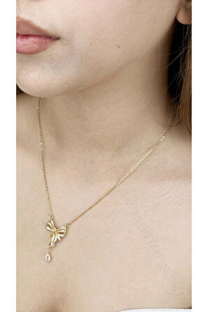 Zirkon Taşlı, Kurdela figürlü, Paslanmaz Çelik Kolye 379, Altın Renk