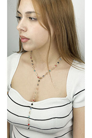 Y Kolye, Çok Renkli 384, Kasa Altın Renk