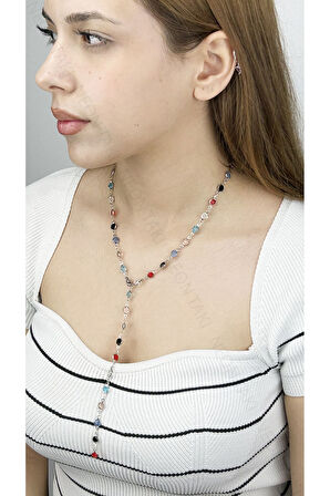 Y Kolye, Çok Renkli 385, Kasa Gümüş Renk