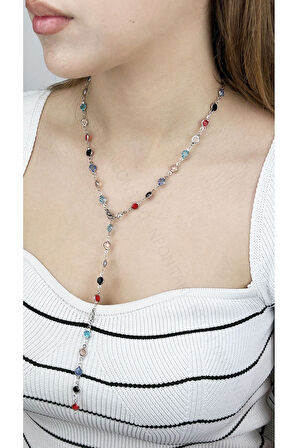 Y Kolye, Çok Renkli 385, Kasa Gümüş Renk