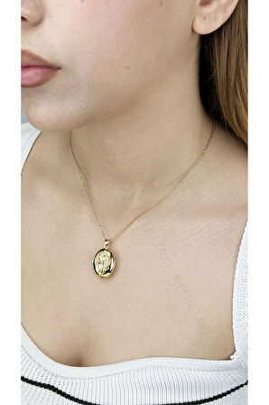 Zirkon Taşlı, Alya, Kapaklı, Paslanmaz Çelik Kolye 387, Altın Renk