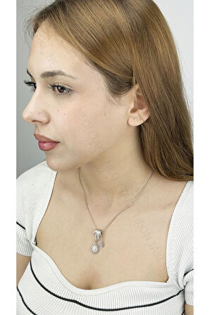 Zirkon Taşlı, Güneş ve Nazar Boncuğu, Paslanmaz Çelik Kolye 388, Gümüş Renk