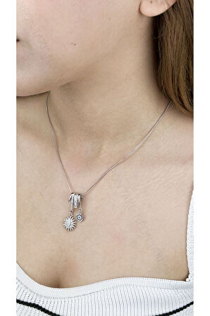 Zirkon Taşlı, Güneş ve Nazar Boncuğu, Paslanmaz Çelik Kolye 388, Gümüş Renk