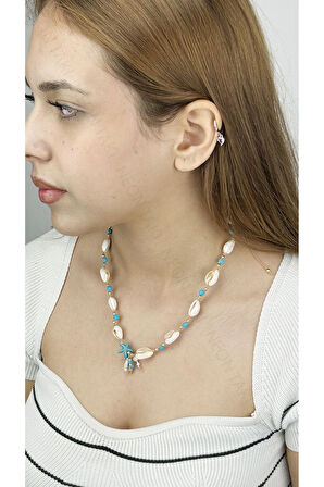 Midye Kabuklu, Mavi Boncuklu, Yaz Kolyesi 393, Altın Renk