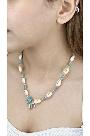 Midye Kabuklu, Mavi Boncuklu, Yaz Kolyesi 393, Altın Renk