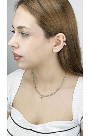 Göz, Renkli Boncuk, Paslanmaz Çelik Kolye 395, Açık Mavi, Altın Renk