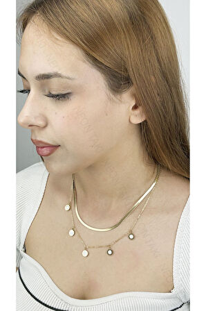 İtalyan Zincirli, Roma Rakamlı, İkili Paslanmaz Çelik Kolye 398, Altın Renk