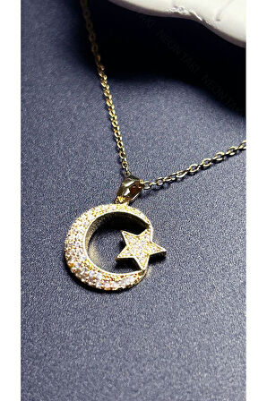 Zirkon Taşlı, Ay Yıldızlı, Paslanmaz Çelik Kolye 401, Altın Renk